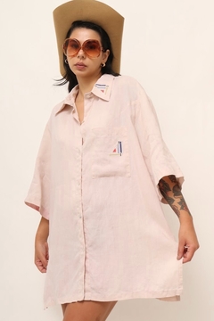 camisa linho rosa bordado gola - comprar online