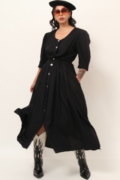 Vestido linho com viscose preto manga bufante garimpado BARCELONA - loja online