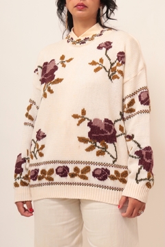 Pulover flores vintage tricot creme