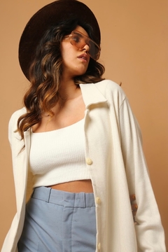 Cardigan tricot off white lã longo textura - comprar online