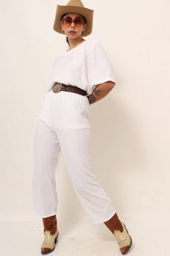 conjunto blusa + calca branco listras textura