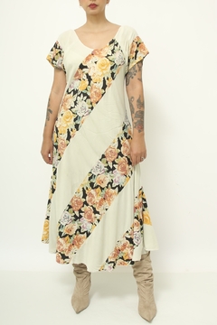 Vestido flor vintage bege listras - loja online