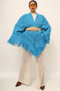 Poncho manta azul franjas vintage