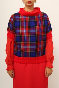 Blusa tricot xadrez azul com vermelho - Capichó Brechó
