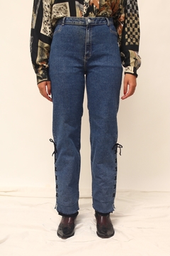 Calça jeans cintura alta western trançado couro barra - loja online