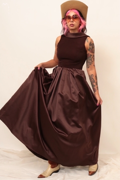 Vestido marrom longo saia vintage recorte chic - comprar online