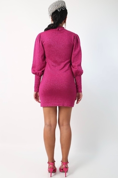 vestido rosa lurex gola alta manga bufante - loja online