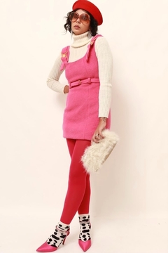 Vestido tricot rosa PARIS fivela dourada forrado