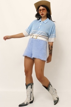 Polo tricot vintage azul com bege floquinhos 70`s - comprar online