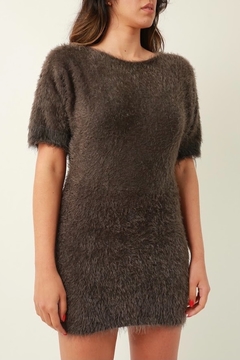 Vestido tricot pelúcia cinza acinturado - loja online