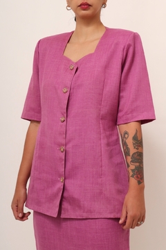 conjunto saia + camisa rosa estilo linho na internet