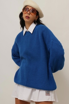 Pulover azul tricot litras colege vermelho barra - Capichó Brechó