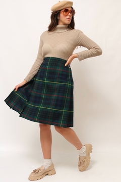 saia xadrez lã verde kilt vintage fivelas