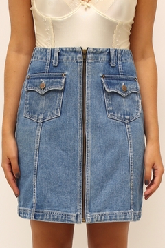 Saia cintura alta jeans curta ziper - loja online