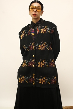 Colete tricot preto flores vintage - loja online