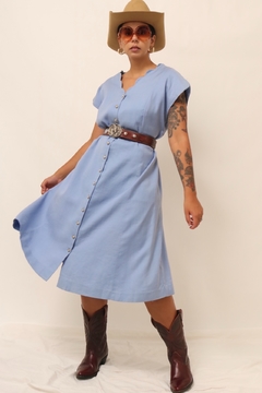 Vestido azul amplo vintage 100% linho - Capichó Brechó
