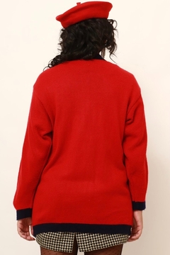 cardigan vermelho tricot listras azul