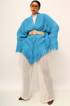 Poncho manta azul franjas vintage - comprar online