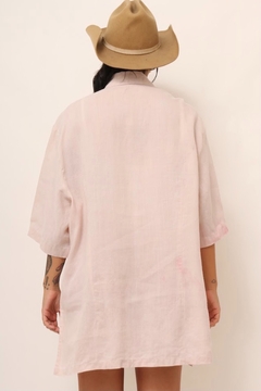 camisa linho rosa bordado gola - loja online