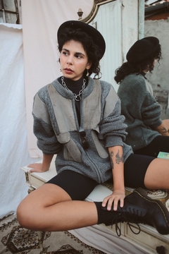 Imagem do Casaco de lã vintage bolso utilitário couro zíper frente comprido