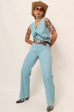 Conjunto azul 70´s cintura baixa calça + blusa - comprar online