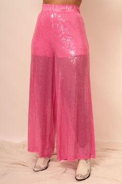 Calça pantalona cintura alta paete brilho rosa