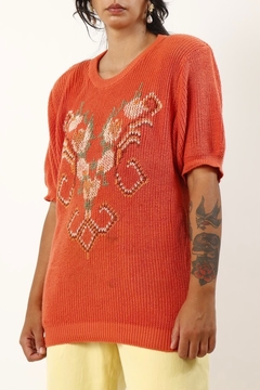 pulôver tricot laranja bordado flores na internet