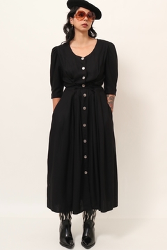 Vestido linho com viscose preto manga bufante garimpado BARCELONA - comprar online