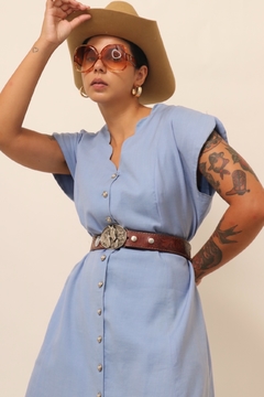 Vestido azul amplo vintage 100% linho - comprar online