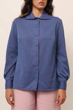 Camisa flores vintage azul manga longa - comprar online