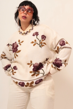 Pulover flores vintage tricot creme - comprar online