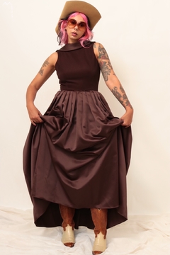 Vestido marrom longo saia vintage recorte chic - comprar online