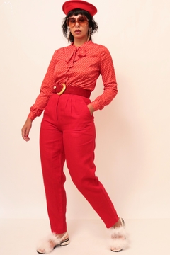 Calça cintura alta vermelha vintage estilo linho - loja online