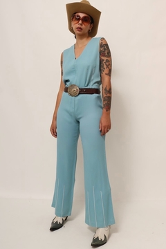 Conjunto azul 70´s cintura baixa calça + blusa