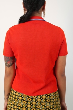 Polo tricot vintage cropped det azul - loja online