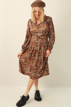 Vestido estampado ombreira vintage - loja online