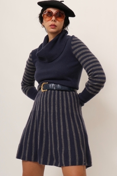 Vestido tricot azul listras cinza gola alta - comprar online