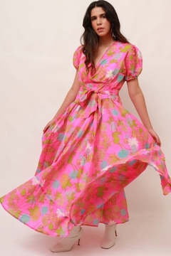 Vestido rosa neon amplo longo vintage forrado