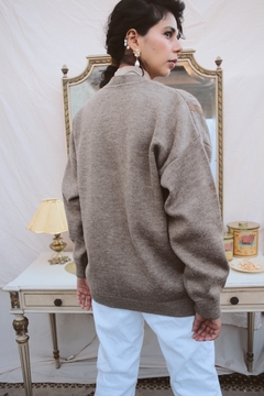 Cardigã tricot grosso detalhe couro zíper frente bolso na internet