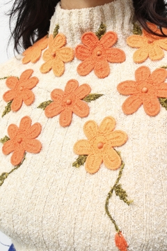 Gola tricot malha flores laranja vintage - comprar online