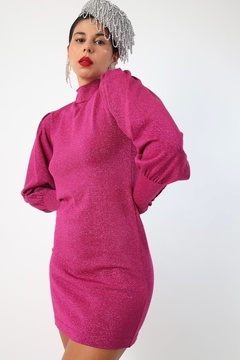 vestido rosa lurex gola alta manga bufante - comprar online