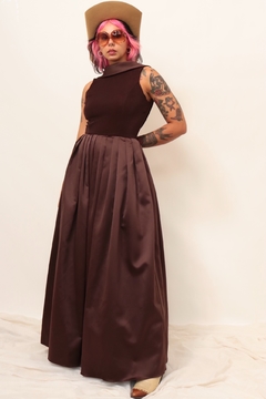 Vestido marrom longo saia vintage recorte chic