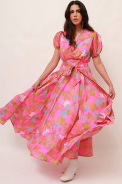 Vestido rosa neon amplo longo vintage forrado - comprar online