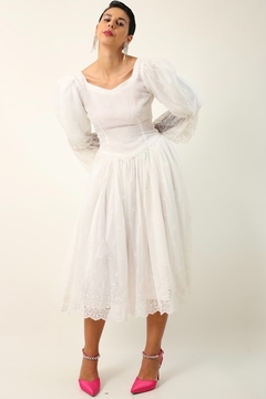 vestido renda manga bufante branco - loja online
