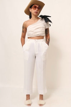 calça estilo linho cintura alta branca - Capichó Brechó