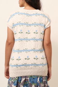 Pulover tricot flores vintage colete azul - loja online