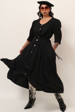 Vestido linho com viscose preto manga bufante garimpado BARCELONA - comprar online