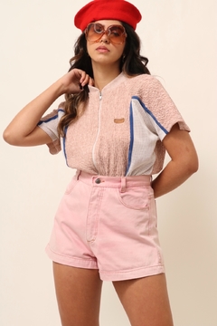 Camisa rosa vintage ziper 70´s recortes tela - Capichó Brechó