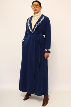 Robe azul aveludado bordado manga e gola - loja online