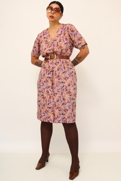 Vestido roxo estampado vintage midi - comprar online